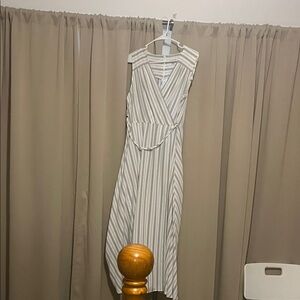 Calvin Klein Cream and Gray Striped Midi Dress